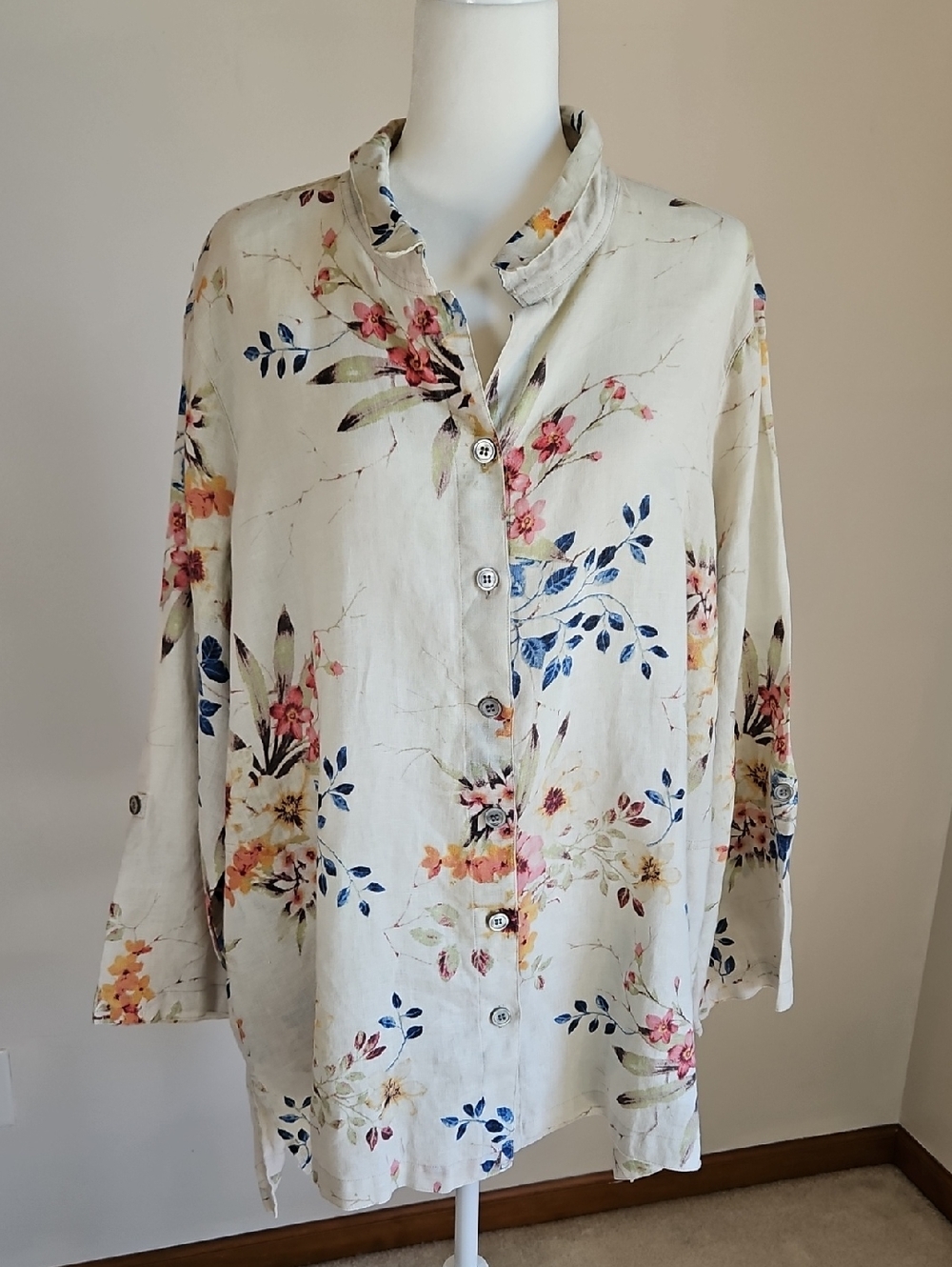 John Mark 2X Linen Button Blouse Tunic Pockets Floral Cottage Botanical Eco